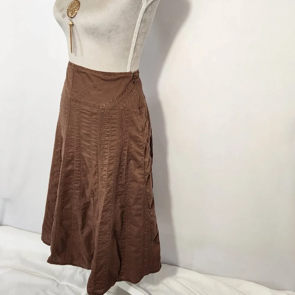 J. Jill Women’s Size 10P Dark Brown A-line Embroidered Lined Cotton MIDI Skirt